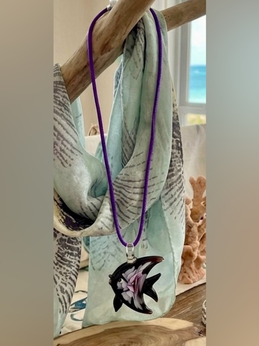 Murano glass fish pendant with Purple Corded Necklace